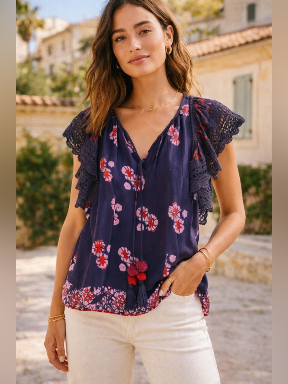 Sea New York Floral Ruffle Sleeve Blouse Navy Red Pom Detail 2 - Picture 5 of 16